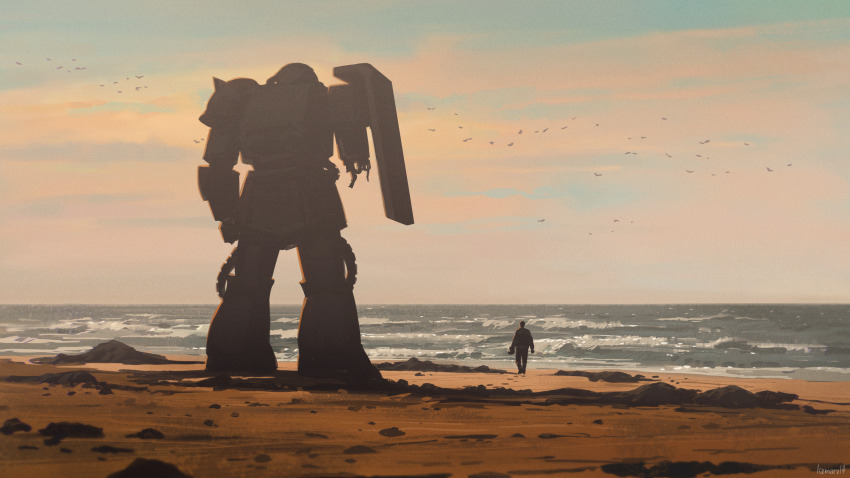1boy absurdres artist_name beach commentary damaged english_commentary evening from_behind gundam helmet highres holding holding_helmet horizon icemarv14 mecha mecha_pilot_suit missing_limb mobile_suit mobile_suit_gundam normal_suit_(gundam) ocean orange_clouds outdoors pilot_helmet robot rock science_fiction shore shoulder_spikes simple_bird space_helmet spikes standing unworn_headwear unworn_helmet water waves zaku_ii zeon