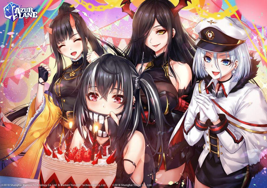 4girls :d ^_^ absurdres azur_lane bare_shoulders black_hair black_legwear blue_eyes blush breasts cake candle cleavage closed_eyes cross cross_earrings crossed_arms dress earrings food friedrich_der_grosse_(azur_lane) gloves hair_between_eyes hair_over_one_eye hat highres horns iron_cross jewelry large_breasts long_hair looking_at_viewer multicolored_hair multiple_girls official_art one_side_up open_mouth own_hands_together peaked_cap ponytail red_eyes red_gloves red_horns ryuuhou_(azur_lane) sakiyamama short_hair sidelocks smile streaked_hair swimsuit thighhighs tirpitz_(azur_lane) u-47_(azur_lane) very_long_hair white_gloves white_hair yellow_eyes