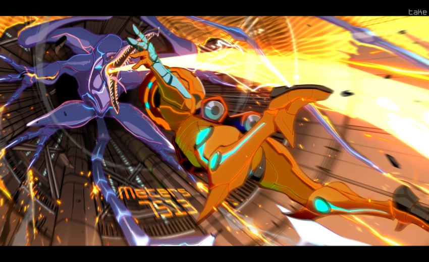 1girl alien armor attack battle breath_weapon breathing_fire claws commentary dragon_wings energy_beam english_commentary english_text falling fire fisheye full_armor glowing heads-up_display letterboxed looking_at_another meta_ridley metroid metroid_prime_3:_corruption motion_blur nintendo open_mouth power_armor power_suit_(metroid) ridley samus_aran sharp_teeth shoulder_pads sideways size_difference sparks talons teeth teke user_interface varia_suit wings