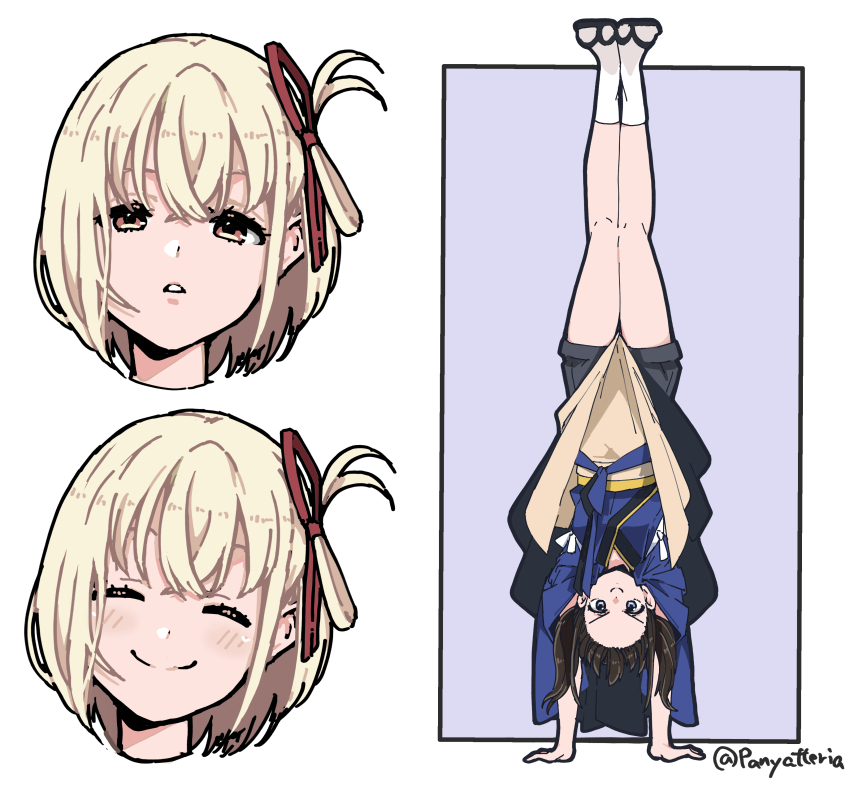 &gt;:) 2girls ^_^ absurdres black_hair black_shorts blonde_hair blue_eyes blue_kimono blush closed_eyes closed_mouth commentary_request crossed_bangs hair_between_eyes hair_ornament hair_ribbon handstand highres inoue_takina japanese_clothes kimono legs long_hair looking_at_viewer lycoris_recoil meme multiple_girls nishikigi_chisato panyatteria red_eyes red_ribbon ribbon sandals short_hair shorts simple_background smile socks tabi twintails v-shaped_eyebrows white_background white_socks