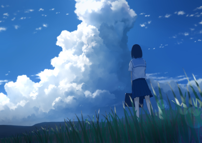 1girl anyotete black_hair blue_sailor_collar blue_skirt blue_sky briefcase cloud commentary cumulonimbus_cloud day english_commentary from_behind from_below grass holding holding_briefcase lens_flare light_particles mountainous_horizon original outdoors plant pleated_skirt sailor_collar scenery school_uniform serafuku shirt short_hair short_sleeves skirt sky solo standing summer white_shirt wide_shot