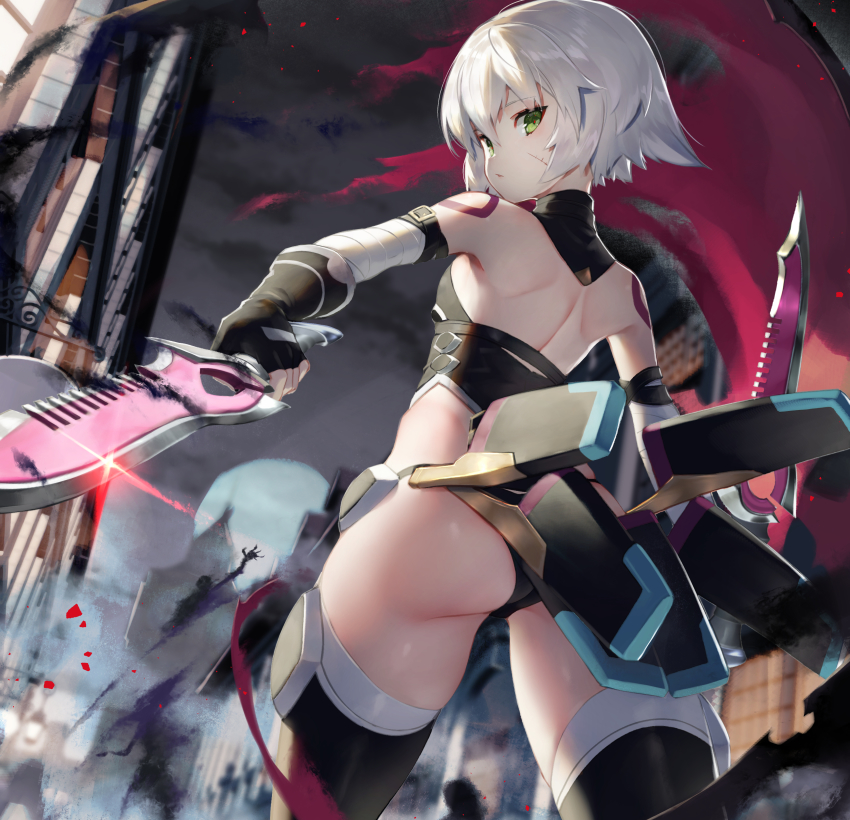 1girl absurdres ass bandaged_arm bandages bare_shoulders bikini black_bikini black_gloves black_thighhighs blush building closed_mouth detached_collar dual_wielding elbow_gloves fate/grand_order fate_(series) female_focus fingerless_gloves fog from_behind from_below full_moon glint gloves green_eyes highres holding holding_sword holding_weapon jack_the_ripper_(fate/apocrypha) looking_at_viewer looking_back looking_down moon night night_sky outdoors scar scar_on_face scottie_(phantom2) short_hair shoulder_blades shoulder_tattoo silhouette silver_hair skindentation sky solo swimsuit sword tattoo thighhighs town weapon