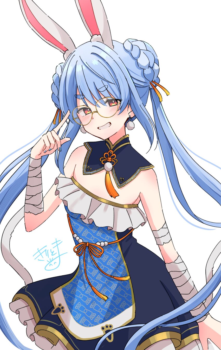 1girl absurdres animal_ear_fluff animal_ears bandaged_arm bandages bare_shoulders black_dress blue_nails blush braid brown-framed_eyewear commentary_request double_bun dress frilled_dress frills glasses grin hair_between_eyes hair_bun hand_up highres hololive kiritoma looking_at_viewer nail_polish rabbit-shaped_pupils rabbit_ears red_eyes short_eyebrows simple_background smile solo strapless strapless_dress symbol-shaped_pupils thick_eyebrows twintails usada_pekora virtual_youtuber white_background
