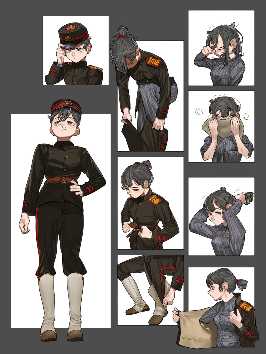 1girl adjusting_clothes adjusting_hair adjusting_headwear adjusting_legwear arms_behind_head arms_up army belt black_hat black_jacket black_pants blush breasts brown_eyes brown_footwear buttons closed_eyes commentary dressing english_commentary full_body gaiters grey_hair hair_tie hand_on_headwear hands_in_own_hair hat highres holding holding_own_hair imperial_korean_army jacket kepi korea korean_commentary korean_empire long_sleeves messy_hair military military_hat military_rank_insignia military_uniform mixed-language_commentary open_mouth open_pants original pajamas pants pants_lift pants_tucked_in ponytail pzkpfwi rose_of_sharon rubbing_eyes simple_background sleepy sleeves_rolled_up solo striped_clothes striped_pajamas tying_hair vertical-striped_clothes vertical-striped_pajamas waking_up yawning