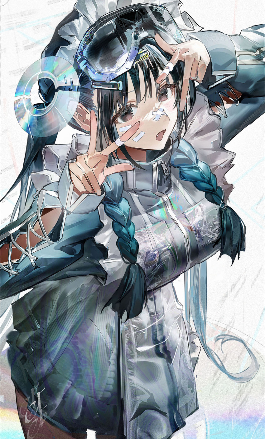 1girl bandaid bandaid_on_face bandaid_on_finger bandaid_on_hand black_hair blush braid breasts brown_eyes dress et_atr3 frilled_dress frills hair_ornament highres long_hair long_sleeves mask mask_on_head open_mouth original sidelocks simple_background skirt solo twin_braids white_background