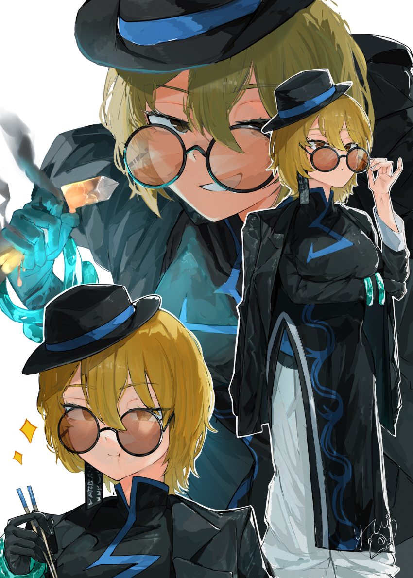 1girl absurdres adjusting_eyewear arm_under_breasts black_coat black_dress black_gloves black_hat blonde_hair bracelet breasts china_dress chinese_clothes chopsticks closed_mouth coat coat_on_shoulders don_quixote_(project_moon) dress earrings cinq_east_(identity)_(project_moon) gloves grin hat highres holding holding_chopsticks jewelry large_breasts limbus_company long_sleeves looking_at_viewer melting open_mouth partially_opaque_sunglasses project_moon round_eyewear short_hair simple_background single_earring single_glove slit_pupils smile smoke solo sparkle sunglasses teeth tilted_headwear tilted_headwear white_background yellow_eyes yuindesu