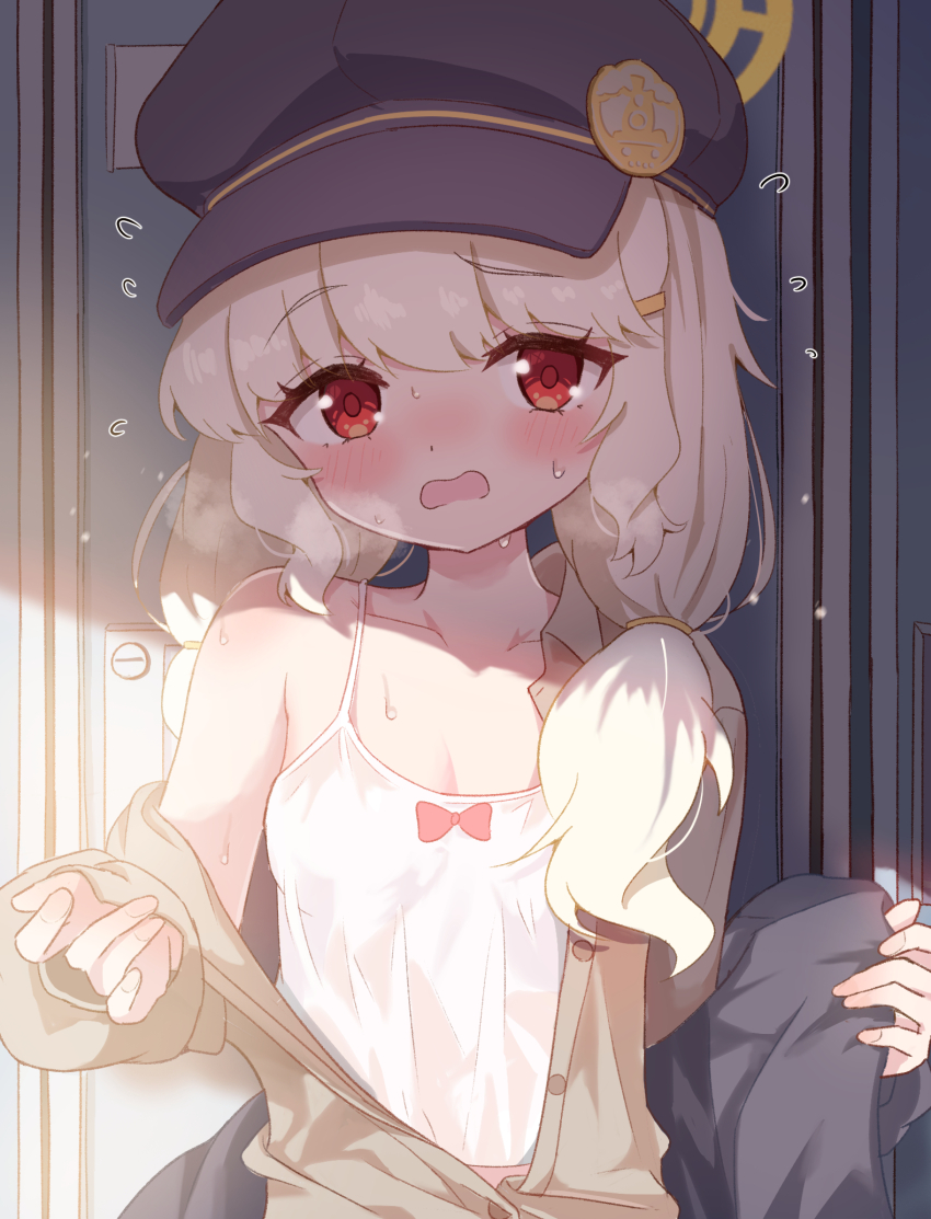 1girl aoba_(blue_archive) black_hat blue_archive blue_hat blush breasts cabbie_hat camisole commentary_request fluffy_hair flying_sweatdrops halo hat highres jacket long_hair long_sleeves looking_at_viewer mikumiku37 open_clothes open_jacket open_mouth partial_commentary red_eyes simple_background solo white_camisole yellow_halo