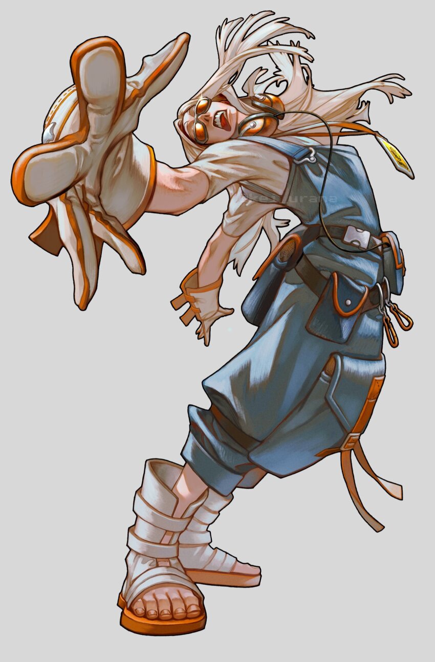 1boy arched_back artist_name august_stilza blue_overalls boots commentary_request dynamic_pose foreshortening full_body gachiakuta gloves grey_background headphones headphones_around_neck highres invisible_floor leaning_back long_hair looking_at_viewer looking_to_the_side male_focus mechanic official_art open-toe_boots open_mouth orange-tinted_eyewear orange_gloves outstretched_arms overalls pocket pouch shirt short_sleeves simple_background solo spread_arms standing sunglasses t-shirt teeth tinted_eyewear tongue tongue_out twitter_username two-tone_gloves urana_kei white_boots white_gloves white_hair white_shirt