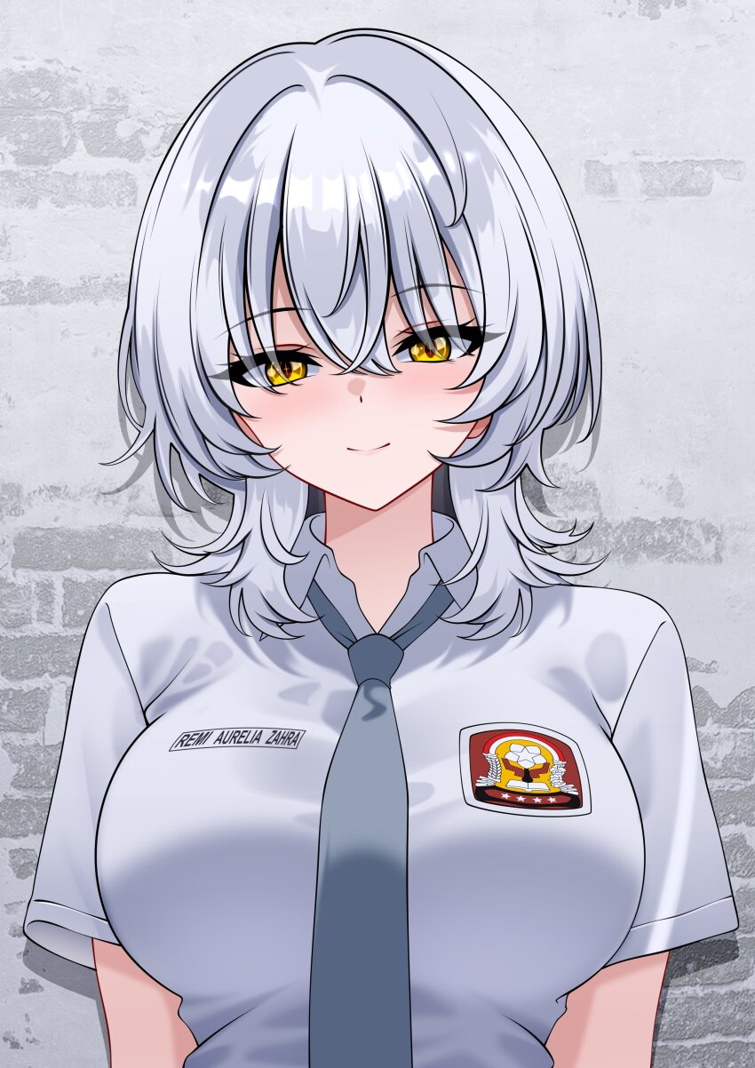 1girl absurdres aldided blush breasts closed_mouth collared_shirt commentary english_commentary grey_hair grey_necktie highres indonesian_high_school_uniform large_breasts looking_at_viewer name_tag necktie original school_uniform shirt short_hair short_sleeves smile solo white_shirt wolf_cut yellow_eyes