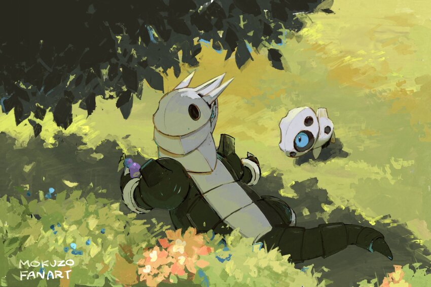 aggron aron artist_name berry blue_eyes bush day english_text from_above game_freak gen_3_pokemon grass highres horns looking_ahead looking_at_another looking_to_the_side mokuzou_(moku_ssbu) nintendo no_humans outdoors pokemon pokemon_(creature) standing tail tree under_tree