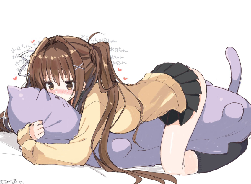 1girl all_fours aroused black_skirt black_socks blush body_pillow braid breast_press breasts brocon brown_eyes brown_hair cardigan cat-shaped_pillow clothed_masturbation commentary crotch_rub female_masturbation female_pervert full_body furrowed_brow hair_intakes hair_ornament hair_ribbon heart hugging_object imouto_no_seiiki implied_hetero implied_incest kneehighs large_breasts long_hair long_sleeves looking_ahead masturbation miniskirt nase_yukana no_shoes nose_blush paint_chat_(medium) pervert pillow pillow_hug pillow_humping plantar_flexion pleated_skirt ribbon school_uniform shiny_skin side_ahoge simple_background skirt sleeves_past_wrists socks solo stuffed_animal stuffed_cat stuffed_toy takepoison translated tress_ribbon twintails twintails_with_braided_base white_background white_ribbon winter_uniform x_hair_ornament yellow_cardigan