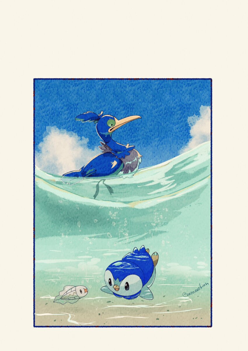 afloat animal_focus artist_name beak bird black_eyes blue_feathers blue_sky border cloud commentary_request cramorant feathers gen_4_pokemon gen_5_pokemon gen_8_pokemon green_eyes highres nintendo no_humans partially_underwater_shot penguin piplup pokemon pokemon_(creature) sky twitter_username tynamo white_border zozozoshion