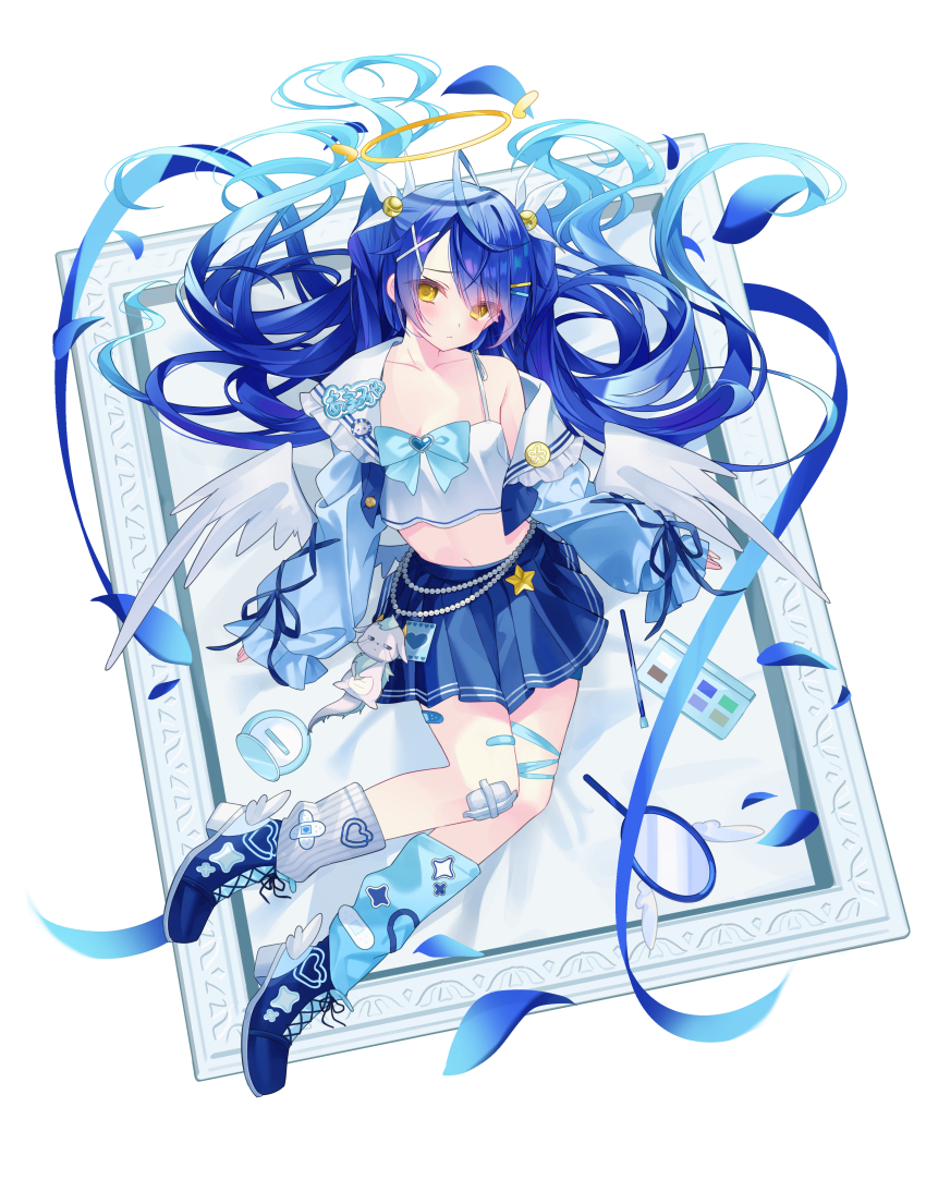 1girl absurdres ahoge amamiya_kokoro angel_wings asymmetrical_legwear bandaid bandaid_on_leg blue_hair blue_leg_warmers blue_shirt blue_shoes blue_skirt blush camisole closed_mouth commentary_request crop_top cross-laced_clothes cross-laced_sleeves feathered_wings floating_hair frilled_shirt_collar frills full_body hair_ornament hair_ribbon hairclip halo highres leg_warmers long_hair long_sleeves looking_at_viewer loose_socks midriff miniskirt mismatched_legwear navel nijisanji open_clothes open_shirt parted_bangs picture_frame pleated_skirt ribbon sailor_collar shirt shoes simple_background single_leg_warmer single_off_shoulder single_sock skirt sleeves_past_wrists sneakers socks solo two_side_up uneven_legwear ureinnn very_long_hair virtual_youtuber white_background white_camisole white_ribbon white_sailor_collar white_socks white_wings wings x_hair_ornament yellow_eyes