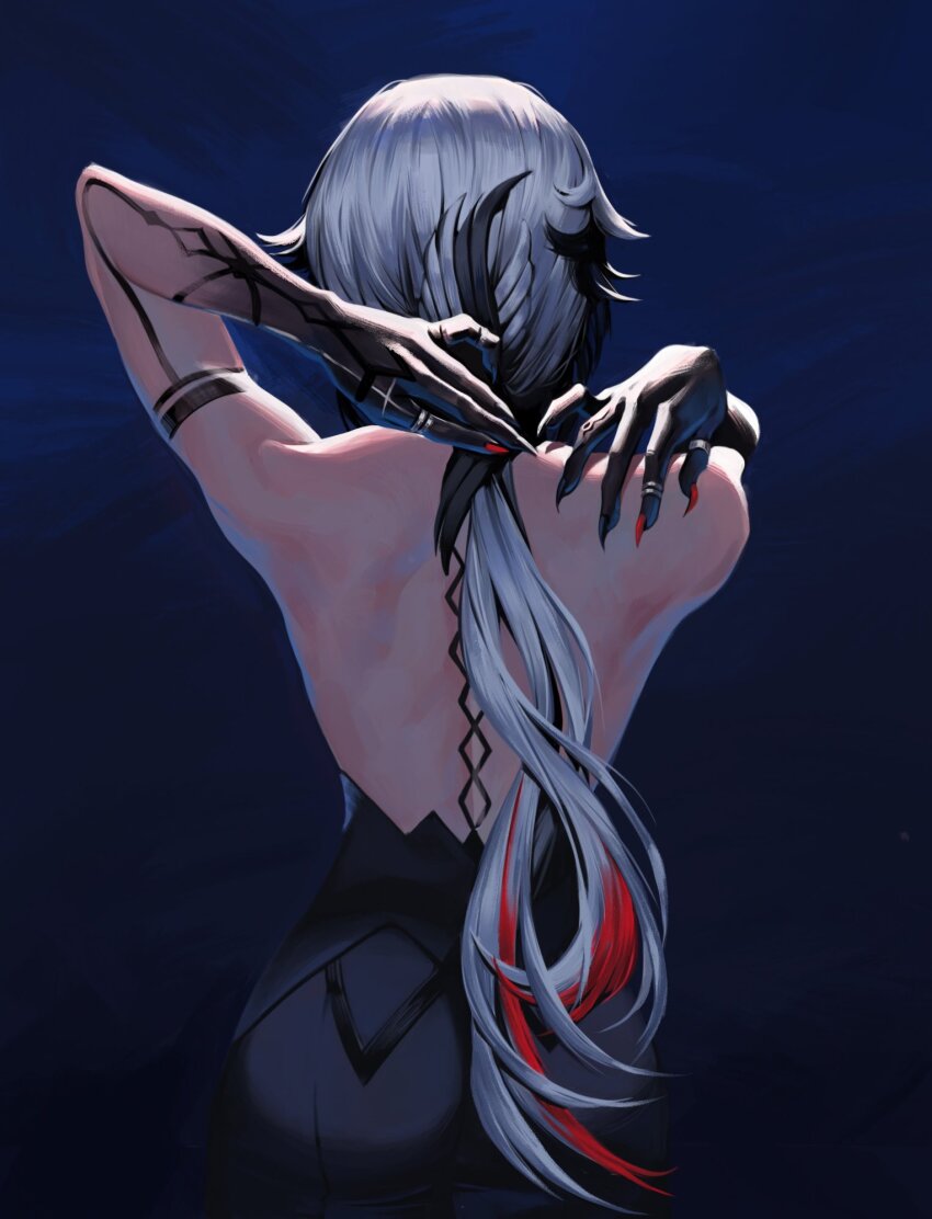 1girl arlecchino_(genshin_impact) backless_dress backless_outfit black_background black_gloves black_hair blue_background dress facing_away genshin_impact gloves hand_in_own_hair highres long_hair low_ponytail lunart multicolored_background ponytail red_hair red_nails solo white_hair