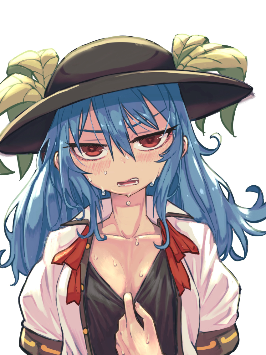 1girl absurdres black_hat black_undershirt blue_hair blush breasts cleavage collared_shirt commentary_request hair_between_eyes hat hat_ornament highres hinanawi_tenshi hot kaden_(muxt8423) leaf_hat_ornament long_hair looking_at_viewer medium_breasts red_eyes shirt short_sleeves simple_background solo sweat textless_version touhou unbuttoned upper_body white_background white_shirt