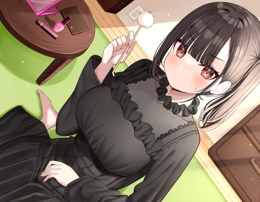 1girl barefoot black_dress black_hair black_skirt blush breasts brown_eyes cosmetics dress indoors long_hair looking_at_viewer mimikaki mizukoshi_(marumi) nail_polish_bottle original rug sitting skirt solo sweatdrop table