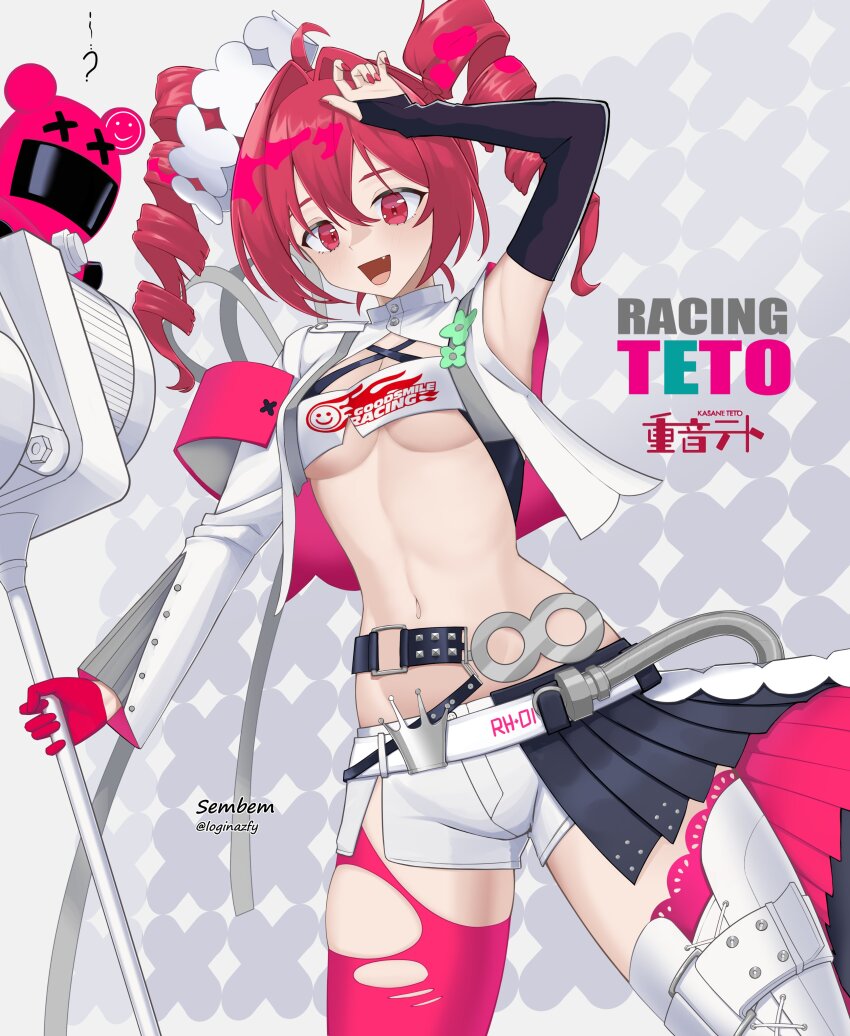 1girl absurdres ahoge arm_up artist_name asymmetrical_legwear asymmetrical_sleeves belt black_belt black_skirt black_sleeve_cuffs black_sleeves breasts buttons character_name compression_sleeve cosplay cowboy_shot cropped_shirt denim denim_shorts drill_hair elbow_gloves fang fingernails gloves goodsmile_racing groin hair_ornament half-skirt hatsune_miku hatsune_miku_(cosplay) helmet highres holding holding_megaphone kasane_teto loginazfy long_hair long_sleeves looking_at_viewer medium_breasts megaphone micro_shorts motorcycle_helmet navel open_mouth pink_gloves pink_helmet pink_skirt pink_thighhighs pleated_skirt racing_miku racing_miku_(2025) red_eyes red_hair red_nails shirt shorts skirt sleeves_past_wrists solo standing thighhighs tongue torn_clothes torn_thighhighs twin_drills twitter_username underboob uneven_legwear uneven_sleeves unworn_headwear unworn_helmet utau vocaloid white_shirt white_thighhighs