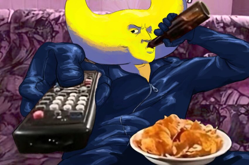 1boy black_gloves black_jacket bottle bowl chips_(food) colored_skin commentary controller couch drinking english_commentary food gloves holding holding_bottle holding_remote_control hylics jacket male_focus man_watching_tv_(meme) meme nurtleteckye on_couch remote_control scene_reference sitting solo upper_body wayne_(hylics)
