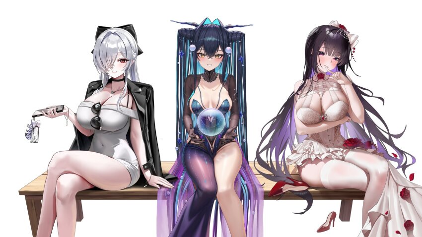 3girls asymmetrical_legwear between_breasts black_bow black_bowtie blue_hair blush bow bowtie breasts bridal_lingerie bubble charm_(object) choker cinderella_(beautiful_me)_(nikke) cleavage collarbone colored_inner_hair crossed_legs frills goddess_of_victory:_nikke grey_hair groin haine_1871 hair_intakes hair_over_one_eye high_heels highres jacket jewelry large_breasts leather leather_jacket lingerie little_mermaid_(abyss_flower)_(nikke) long_hair looking_at_viewer mihara_(bonding_chain)_(pain_eater)_(nikke) multicolored_hair multiple_girls necklace purple_eyes purple_hair red_eyes sidelocks sitting skindentation sunglasses thighhighs thighs underwear white_background wrist_cuffs yellow_eyes