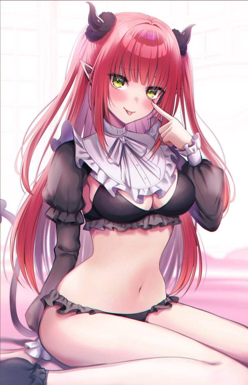 1girl akanbe arm_support black_bra black_horns black_nails black_panties black_socks blush bra breasts commentary_request cosplay demon_girl demon_horns demon_tail eyelid_pull fake_horns frilled_bra frilled_panties frilled_shirt frilled_shirt_collar frilled_socks frills green_eyes highres horns kitagawa_marin kurosaki_coco large_breasts long_hair long_sleeves looking_at_viewer midriff navel panties pointy_ears puffy_long_sleeves puffy_sleeves red_hair revealing_clothes rizu-kyun rizu-kyun_(cosplay) shirt sidelocks sitting socks solo sono_bisque_doll_wa_koi_wo_suru stomach tail tongue tongue_out two_side_up underwear