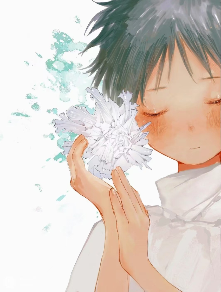 1girl chinese_commentary closed_eyes closed_mouth commentary_request flower green_hair guguaguguagugugu high_collar highres isoi_rai light_smile portrait saibou_shinkyoku shirt short_hair smile solo u_u white_background white_flower white_shirt wispy_bangs