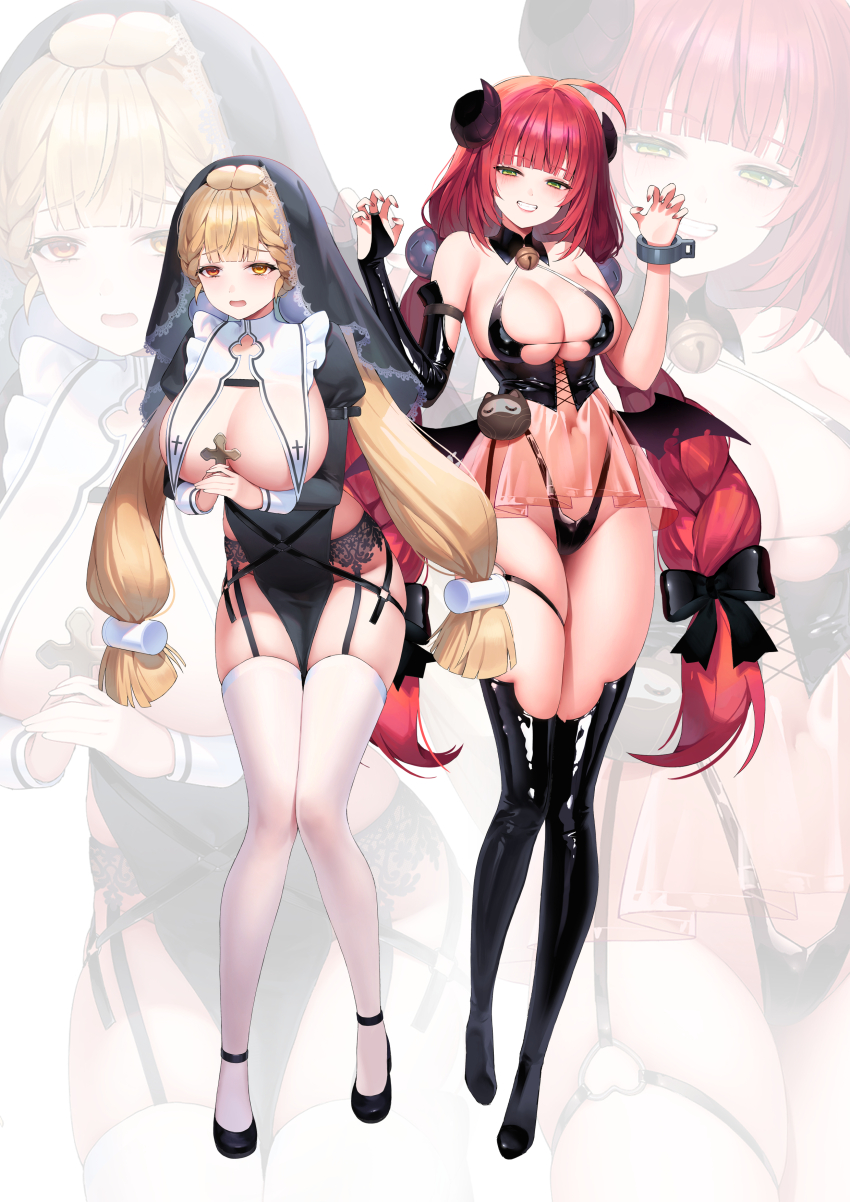 2girls absurdres alice_thymefield alternate_costume bare_shoulders bell black_bow black_bridal_gauntlets black_dress black_garter_straps black_shoes black_thighhighs black_veil blonde_hair bow breast_curtains breasts bridal_gauntlets cleavage commentary_request cross demon_horns dress fingernails full_body garter_straps hair_bow hands_up heterochromia highres holding holding_cross horns jingle_bell large_breasts leaning_forward lemonpear long_hair long_sleeves multiple_girls nail_polish navel neck_bell nun o-ring open_mouth red_eyes red_hair shoes single_bridal_gauntlet standing stomach thighhighs ukinami_yuzuha veil very_long_hair white_background white_thighhighs yellow_eyes zenless_zone_zero zoom_layer