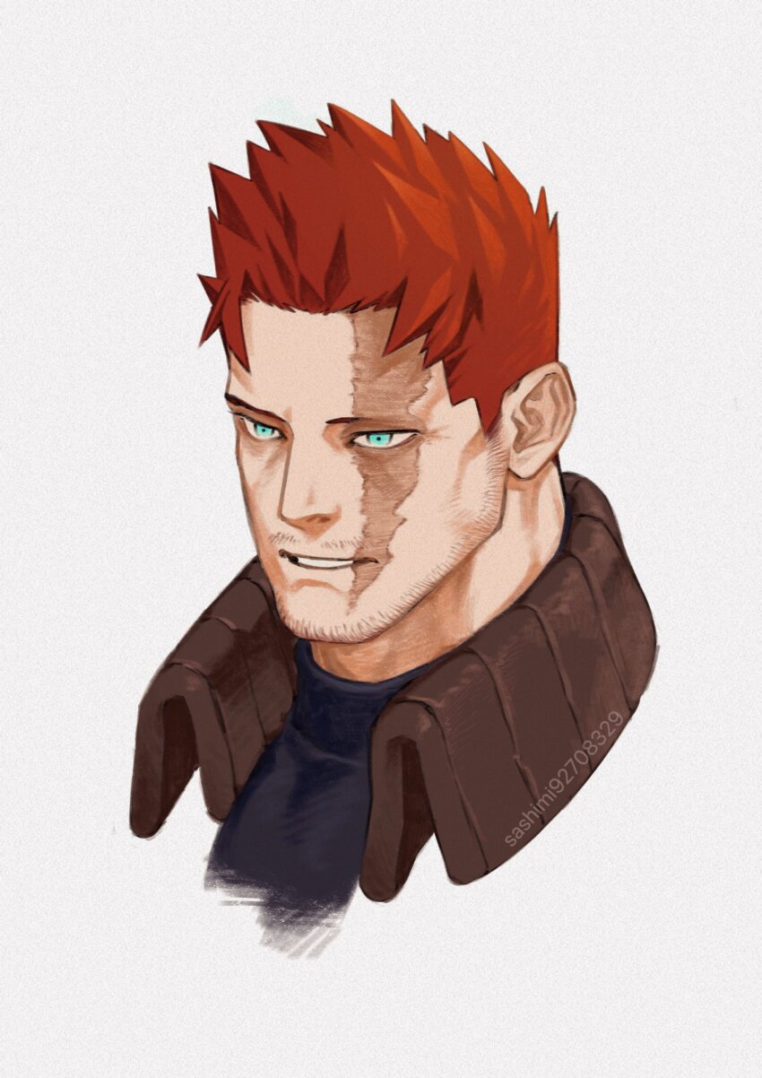 1boy beard_stubble blue_eyes boku_no_hero_academia cropped_torso endeavor_(boku_no_hero_academia) facial_hair highres light_smile looking_ahead male_focus mature_male mustache_stubble red_hair sanpaku sashimi_oran scar scar_across_eye scar_on_face short_hair sideburns sideburns_stubble smile solo spiked_hair stubble tsurime
