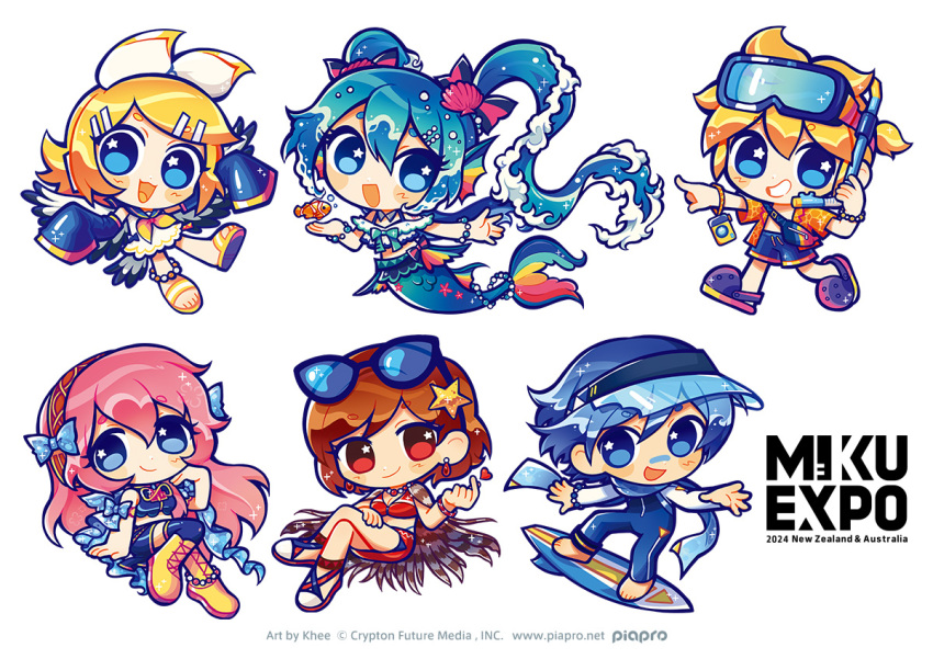 2boys 4girls :d aqua_hair artist_name bikini black-framed_eyewear black_sailor_collar black_shoes black_shorts black_sleeves blonde_hair blue_bow blue_eyes blue_hair blue_scarf blush bodysuit boots bow bracelet breasts brooch brown_hair brown_hairband clownfish commentary company_name copyright_name copyright_notice deformed detached_sleeves diving_mask diving_mask_on_head diving_suit drawstring dress earrings english_commentary eyewear_on_head finger_heart fish frills full_body goggles goggles_on_head hair_between_eyes hair_bow hair_ornament hairband hatsune_miku_expo heart highleg jewelry kagamine_len kagamine_rin kaito_(vocaloid) khee liquid_hair long_sleeves male_swimwear megurine_luka meiko_(vocaloid) mermaid monster_girl multiple_boys multiple_girls neckerchief official_art open_clothes open_mouth open_shirt orange_shirt pink_hair red_bikini red_eyes sailor_collar sandals scarf second-party_source shell shell_hair_ornament shirt shoes shorts sleeves_past_fingers sleeves_past_wrists smile spiked_hair star_(symbol) star_in_eye sunglasses surfboard swim_trunks swimsuit symbol_in_eye toes twintails visor_cap vocaloid wetsuit white_bow white_dress white_shoes yellow_boots yellow_neckerchief yellow_shoes