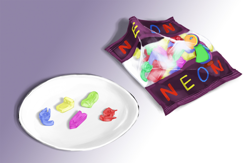 bag candy food food_focus gradient_background gummy_bears juunin_juuwiro neon no_humans plate yume_nikki