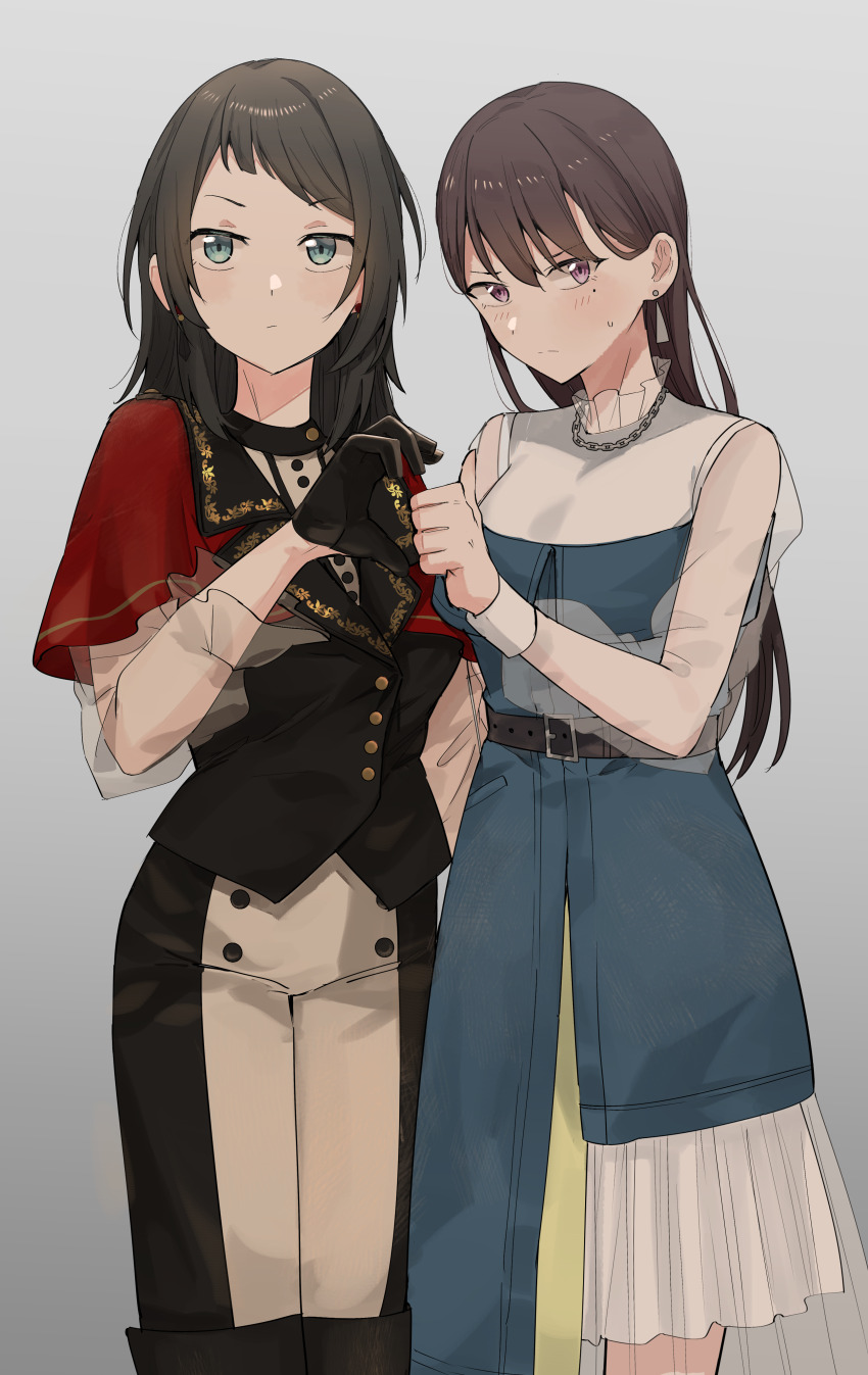 2girls absurdres asymmetrical_clothes averting_eyes bang_dream! bang_dream!_it&#039;s_mygo!!!!! belt black_gloves black_hair blue_dress blush capelet chain chain_necklace collar commentary dress earrings frilled_collar frills gloves half-heart_hands hanetsuka heart_hands_failure highres jewelry long_hair looking_at_viewer medium_hair mole mole_under_eye multiple_girls necklace official_alternate_costume red_capelet see-through_clothes see-through_sleeves shiina_taki simple_background stud_earrings sweatdrop symbol-only_commentary thumbs_up timoris_(bang_dream!) very_long_hair yahata_umiri