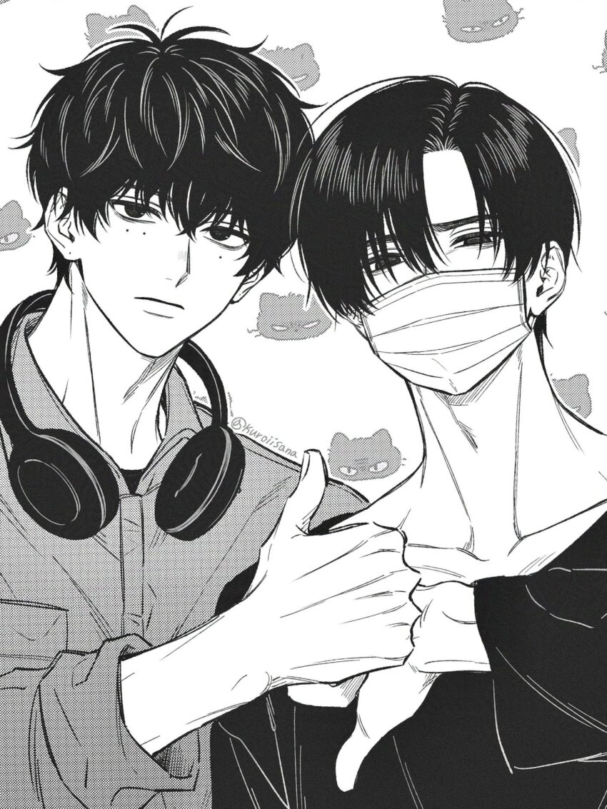 2boys adam&#039;s_apple artist_name brothers closed_mouth collarbone collared_shirt covered_mouth empty_eyes expressionless frown greyscale hair_over_one_eye hand_up headphones headphones_around_neck highres jitome kuroiisana long_sleeves looking_at_viewer male_focus mask mole mole_under_eye monochrome mouth_mask multiple_boys multiple_moles half-closed_eye parted_bangs sakamoto_days sanpaku seba_mafuyu seba_natsuki shirt siblings sleeves_rolled_up straight_hair thumbs_down thumbs_up upper_body wavy_hair
