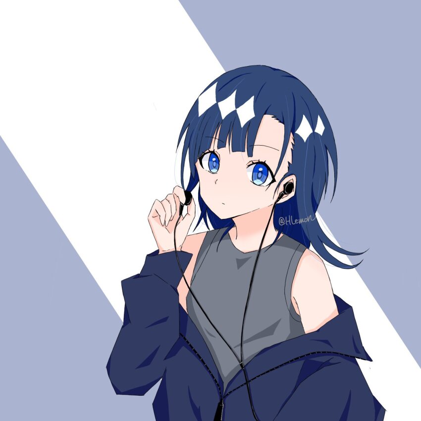 1girl asymmetrical_bangs blue_eyes blue_hair blue_jacket earbuds earphones grey_shirt highres hlem0n jacket looking_at_viewer medalist_(manga) off_shoulder okazaki_iruka removing_earbuds shirt twitter_username upper_body