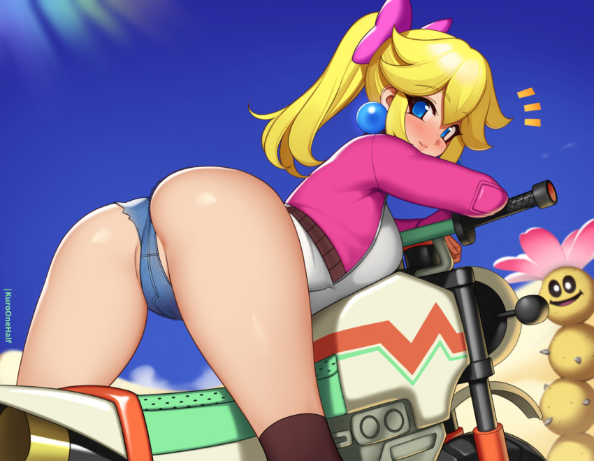 1girl ass ass_focus bent_over blonde_hair blue_eyes blue_shorts blue_sky blush bow breasts brown_gloves brown_socks cactus closed_mouth cloud cropped_jacket day denim denim_shorts desert earrings flower from_behind gloves hair_bow high_ponytail jacket jewelry kuroonehalf leaning_on_object light_rays long_hair long_sleeves looking_at_viewer looking_back mario_(series) mario_kart mario_kart_world medium_breasts motor_vehicle motorcycle nintendo open_clothes open_jacket outdoors pink_bow pink_jacket pokey_(mario) ponytail princess_peach princess_peach_(touring) sand shirt short_shorts shorts sky smile socks standing sunbeam sunlight thighhighs thighs white_shirt
