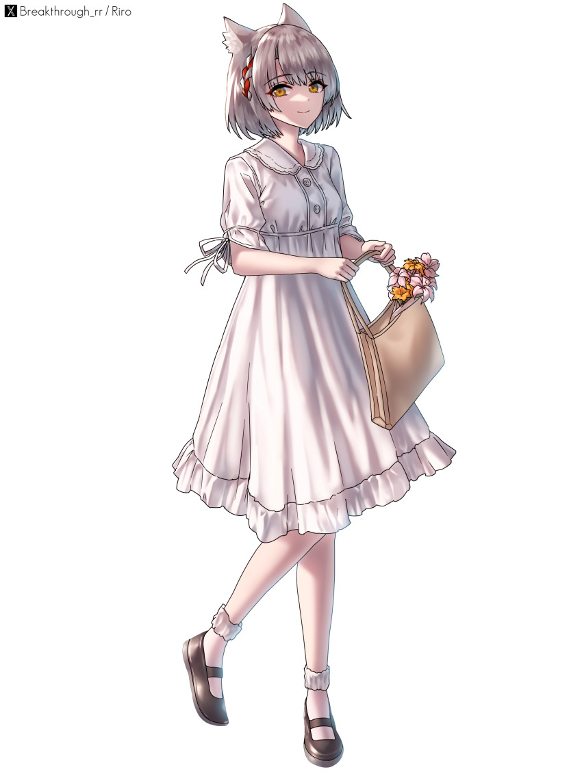 1girl absurdres alternate_costume animal_ears bag brown_bag cat_ears cat_girl closed_mouth commentary dot_nose dress full_body grey_hair highres holding holding_bag mary_janes medium_hair mio_(xenoblade) riro_(breakthrough_rr) shoes simple_background smile solo standing white_background white_dress xenoblade_chronicles_(series) xenoblade_chronicles_3 yellow_eyes