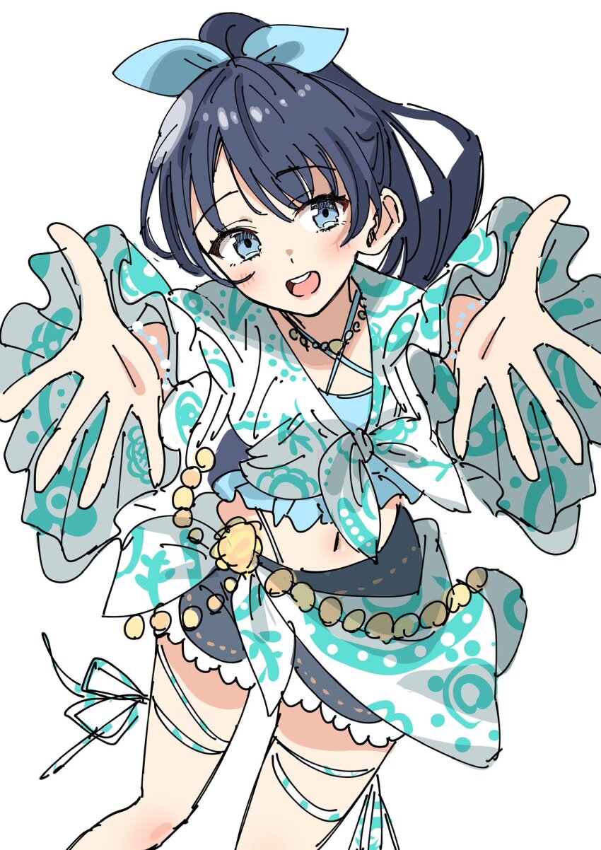 1girl :d aqua_shirt bien_(djpwjd1) bikini bikini_top_only black_skirt blue_bikini blue_eyes blue_hair blush criss-cross_halter denim denim_skirt feet_out_of_frame halterneck highres link!_like!_love_live! long_hair long_sleeves love_live! midriff miniskirt murano_sayaka natsumeki_pain navel official_alternate_costume open_hands open_mouth outstretched_arms ponytail shirt simple_background skirt smile solo swimsuit teeth upper_teeth_only virtual_youtuber white_background white_shirt