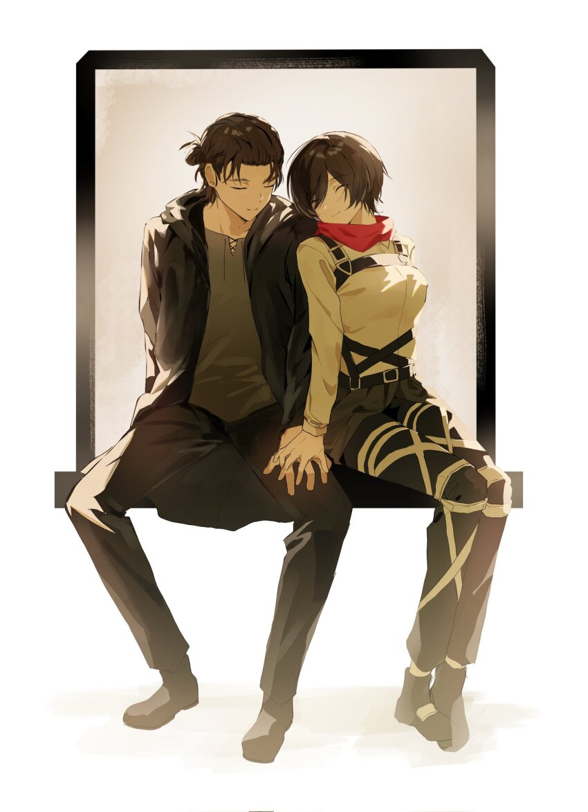 1boy 1girl black_footwear black_hair black_jacket black_pants breasts chest_harness closed_mouth couple eren_yeager full_body grey_shirt hair_between_eyes hair_bun hair_over_one_eye harness hasugu hetero highres holding_hands hood hood_down hooded_jacket jacket medium_breasts mikasa_ackerman pants red_scarf scarf shingeki_no_kyojin shirt short_hair sitting three-dimensional_maneuver_gear white_background white_shirt