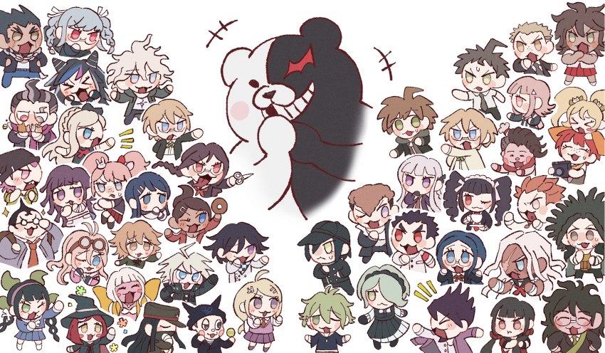 30en_(esx5g) 6+boys 6+girls :d ahoge akamatsu_kaede alternate_hair_ornament amami_rantaro antenna_hair asahina_aoi bandages black_hair black_jacket blonde_hair blue_eyes blue_hair blush blush_stickers bow braid brown_hair celestia_ludenberg chabashira_tenko cham-p chef_hat chibi cosplay danganronpa:_trigger_happy_havoc danganronpa_(series) danganronpa_2:_goodbye_despair danganronpa_v3:_killing_harmony dreadlocks drill_hair enoshima_junko enoshima_junko_(cosplay) everyone fat fat_man fujisaki_chihiro fukawa_toko galaga glasses goggles goggles_on_head gokuhara_gonta grey_hair hagakure_yasuhiro hair_bow hair_horns hair_ornament hairclip hamster hanamura_teruteru happy harukawa_maki hat highres hinata_hajime holding holding_own_hair hoshi_ryoma ikusaba_mukuro iruma_miu ishimaru_kiyotaka jacket japanese_clothes jewelry jum-p k1-b0 kimono kirigiri_kyoko koizumi_mahiru komaeda_nagito kuwata_leon kuzuryu_fuyuhiko long_hair looking_at_another maga-g maizono_sayaka mask miniskirt mioda_ibuki mole mole_under_eye mole_under_mouth momota_kaito monokuma mouth_mask multicolored_hair multiple_boys multiple_girls naegi_makoto nanami_chiaki nidai_nekomaru notice_lines ogami_sakura oma_kokichi open_mouth orange_kimono owada_mondo owari_akane pekoyama_peko pink_sweater_vest pout rabbit_hair_ornament red_bow red_eyes red_shirt red_skirt round_eyewear saihara_shuichi saionji_hiyoko scarf school_uniform serious shinguji_korekiyo shirogane_tsumugi shirt short_hair skirt smile soda_kazuichi sonia_nevermind spiked_hair sun-d sweater_vest tanaka_gundham teeth togami_byakuya tojo_kirumi triangle_hair_ornament tsumiki_mikan twin_drills twintails two-tone_hair white_hair yamada_hifumi yonaga_angie yumeno_himiko