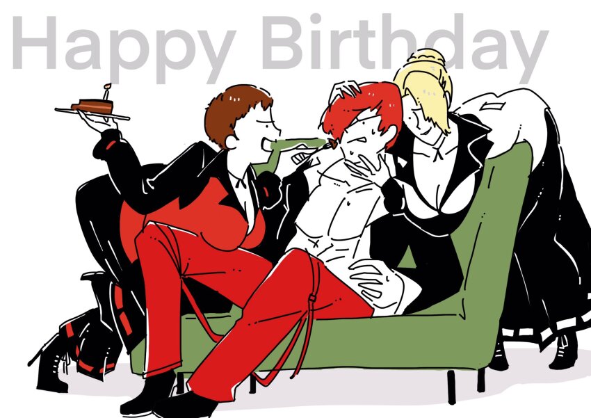 2girls ass bent_over between_breasts birthday birthday_cake blonde_hair breast_press breasts brown_hair cake cleavage couch curvy dress female_focus food formal_clothes hair_bun hanging_breasts heel_up highres huge_ass large_breasts latex leather long_hair long_sleeves mature_(kof) medium_hair multiple_girls one_eye_covered open_clothes pale_skin red_eyes shoes short_hair sitting smile smiley_face suit the_king_of_fighters thick_thighs thighs tokinomanimani2 top-down_bottom-up vice_(kof) wide_hips yagami_iori