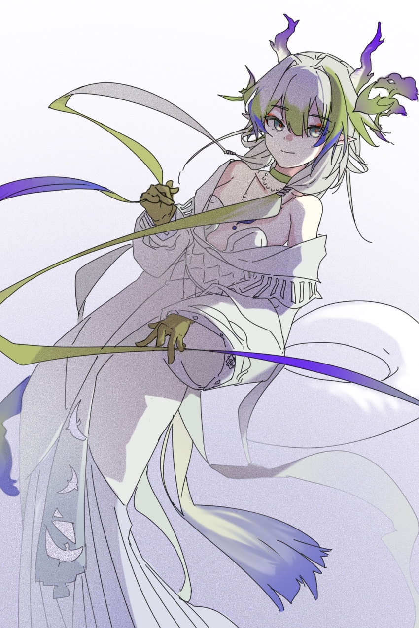 1girl ambience_synesthesia arknights asahicatkins bare_shoulders blonde_hair chinese_commentary closed_mouth colored_extremities commentary_request dragon_girl dragon_horns dress film_grain floating green_eyes hair_between_eyes highres horns light_smile long_hair long_sleeves looking_at_viewer multicolored_hair off_shoulder official_alternate_costume purple_hair shu_(arknights) shu_(bingwenyuyou)_(arknights) solo very_long_hair white_dress white_hair