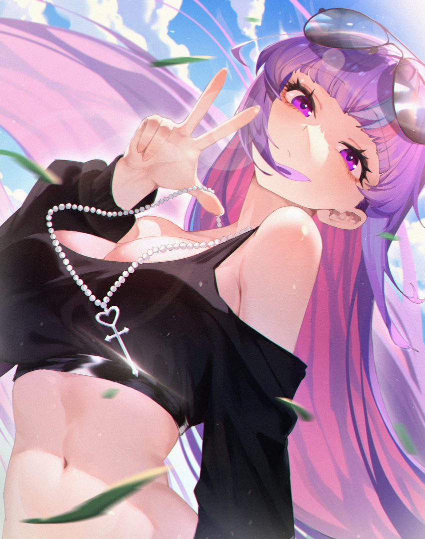 1girl absurdres bare_shoulders bead_necklace beads black-framed_eyewear black_shirt blue_sky breasts cleavage closed_mouth cloud crop_top cross cross_necklace day eyewear_on_head from_below highres jewelry large_breasts lens_flare long_hair looking_at_viewer looking_down motion_blur navel necklace original outdoors purple_eyes purple_hair shirt sky solo sunglasses sunlight tango_(jjsw4524) upper_body very_long_hair w