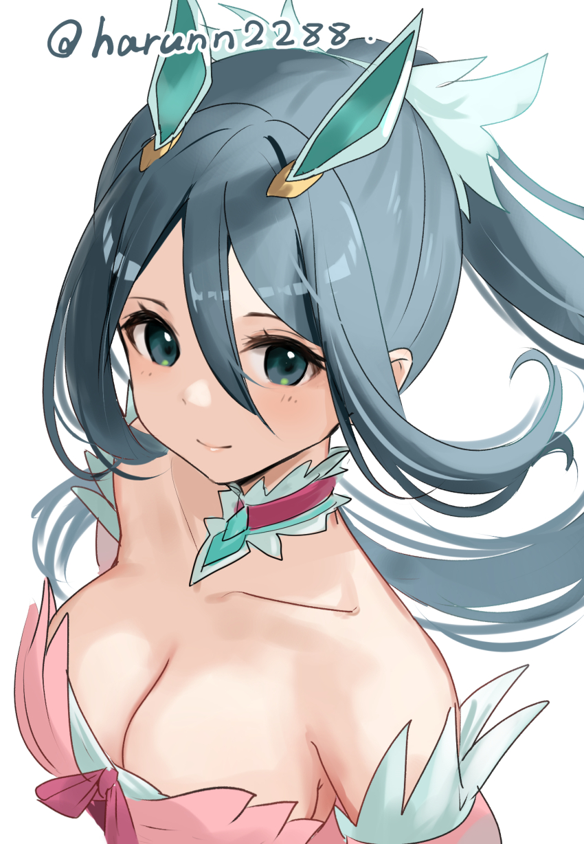 1girl bare_shoulders blue_eyes blue_hair breasts cleavage collarbone commentary_request fire_emblem hair_between_eyes hair_ornament haru_(nakajou-28) highres long_hair looking_at_viewer nintendo oribe_tsubasa ponytail smile solo tokyo_mirage_sessions_fe twitter_username upper_body white_background