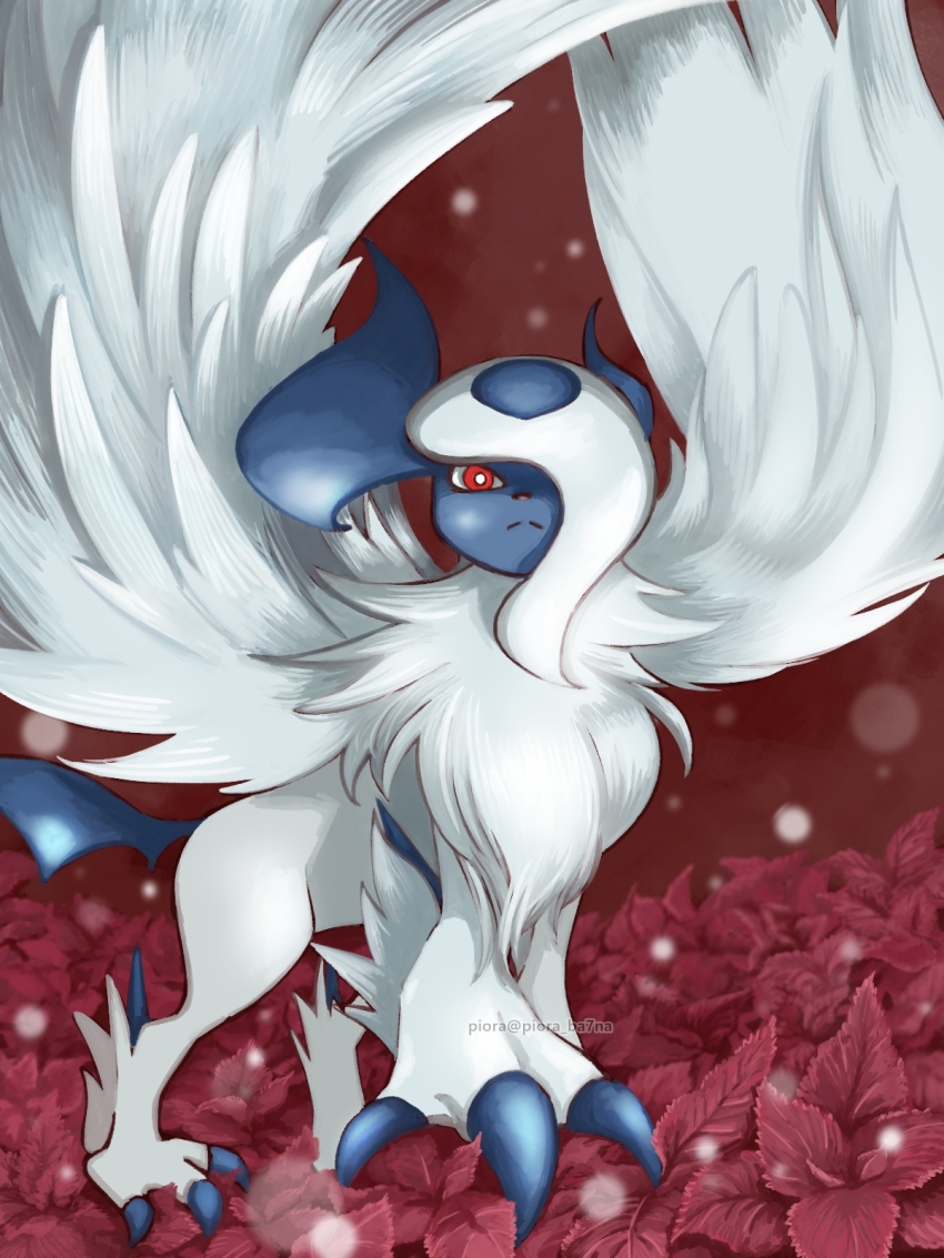 absol animal_focus bright_pupils claws closed_mouth commentary gen_3_pokemon highres horns leaf looking_at_viewer mega_absol mega_pokemon nintendo no_humans piora pokemon pokemon_(creature) red_background red_eyes solo white_hair white_pupils wings