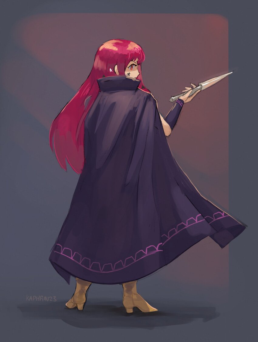 1girl absurdres boots brown_boots cape fire_emblem fire_emblem_engage full_body highres holding holding_knife holding_weapon kaphrin knife long_hair nintendo purple_cape red_eyes red_hair simple_background solo weapon yunaka_(fire_emblem)