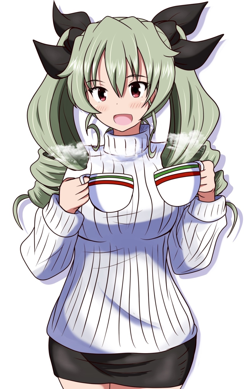 1girl anchovy_(girls_und_panzer) black_ribbon black_skirt casual commentary cowboy_shot cup disposable_cup drill_hair girls_und_panzer green_hair hair_ribbon highres holding holding_cup long_hair long_sleeves looking_at_viewer meiya miniskirt mug open_mouth red_eyes ribbed_sweater ribbon shadow simple_background skirt smile solo standing steam sweater turtleneck turtleneck_sweater twin_drills twintails white_background white_sweater