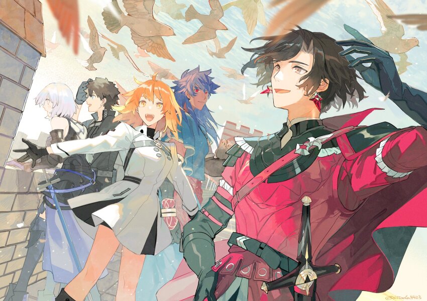 2girls 3boys :d ahoge armor armored_leotard bare_shoulders bird black_cape black_footwear black_gloves black_hair black_jacket black_leotard black_thighhighs blue_eyes blue_hair blue_robe bob_cut brick_wall cape closed_mouth constantine_xi_(fate) dark-skinned_male dark_blue_hair dark_skin day dove dress earrings elbow_gloves fate/grand_order fate_(series) feet_out_of_frame fold-over_boots fortress fujimaru_ritsuka_(female) fujimaru_ritsuka_(female)_(decisive_battle_chaldea_uniform) fujimaru_ritsuka_(male) fujimaru_ritsuka_(male)_(polar_chaldea_uniform) gauntlets gloves grey_eyes hair_between_eyes hand_on_own_hip hand_up highres jacket jewelry kitada leotard long_hair long_sleeves looking_ahead looking_at_another looking_up mash_kyrielight mash_kyrielight_(demi-servant) medium_hair multiple_boys multiple_girls official_alternate_costume open_mouth orange_hair outdoors outstretched_arms profile purple_eyes red_armor red_cape red_eyes red_tunic robe romulus_quirinus_(fate) shading_eyes sheath sheathed short_hair side_cape smile spread_arms standing sword thighhighs tunic two-sided_cape two-sided_fabric upper_body weapon white_dress white_hair yellow_eyes