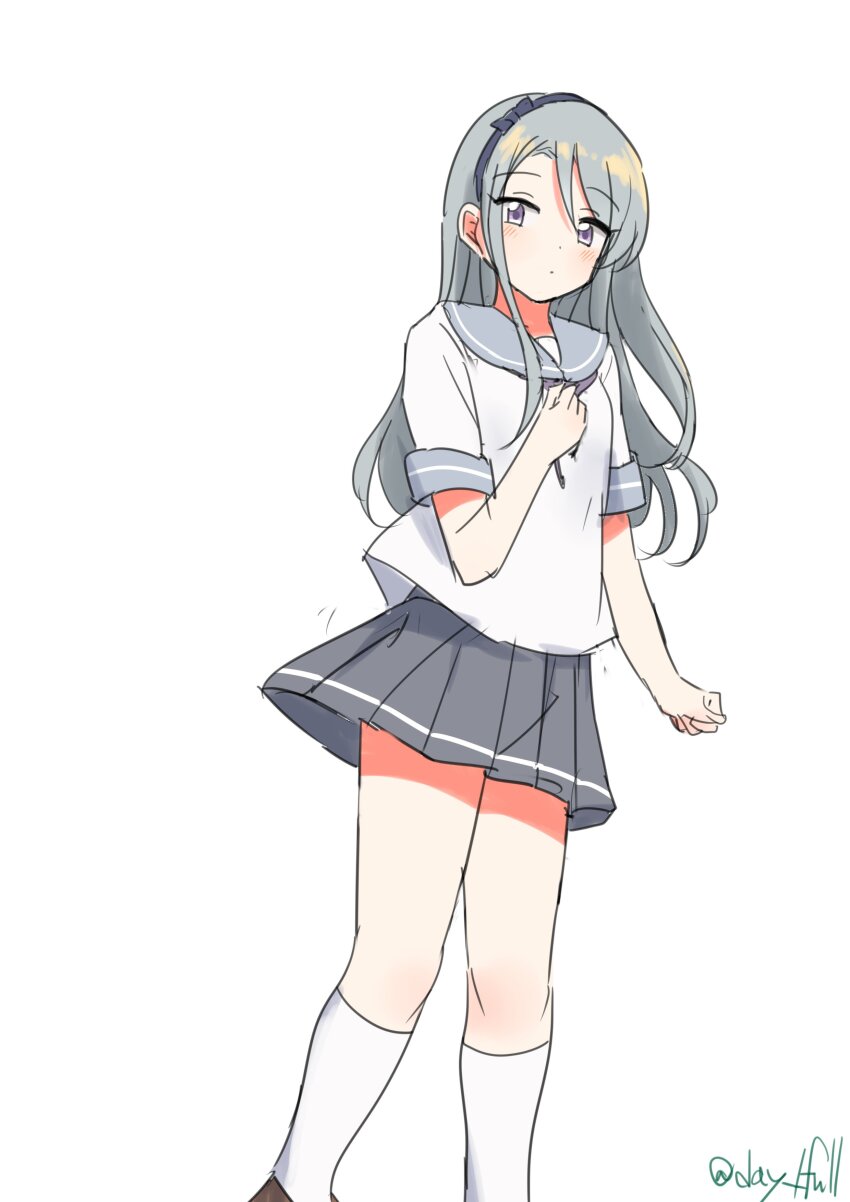 1girl absurdres feet_out_of_frame grey_eyes grey_hair grey_hairband grey_sailor_collar grey_skirt hairband hand_on_own_chest highres kantai_collection long_hair one-hour_drawing_challenge pleated_skirt robinson_(day_l_full) sagiri_(kancolle) sailor_collar sailor_shirt school_uniform serafuku shirt simple_background skirt socks solo white_background white_shirt white_socks