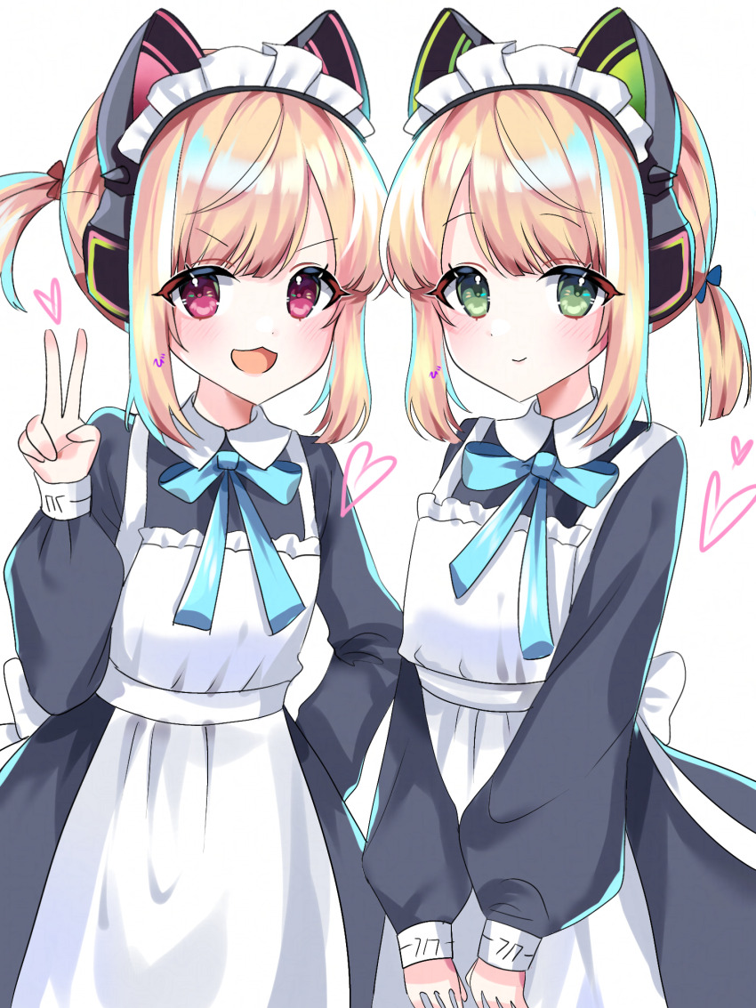 2girls :3 :d animal_ear_headphones animal_ears apron aqua_bow aqua_bowtie back_bow black_dress blonde_hair blue_archive blue_bow blush bow bowtie cat_ear_headphones cat_ears chibi_ib closed_mouth collared_dress commentary contrast_collar dress eyes_visible_through_hair fake_animal_ears frilled_apron frills green_eyes hair_bow hand_up headphones heart highres long_sleeves looking_at_viewer maid maid_apron medium_hair midori_(blue_archive) midori_(maid)_(blue_archive) momoi_(blue_archive) momoi_(maid)_(blue_archive) multiple_girls no_halo official_alternate_costume official_alternate_hairstyle open_mouth parted_bangs pink_eyes puffy_long_sleeves puffy_sleeves red_bow short_twintails siblings sidelocks simple_background sisters smile swept_bangs twins twintails v v-shaped_eyebrows v_arms white_apron white_background white_bow