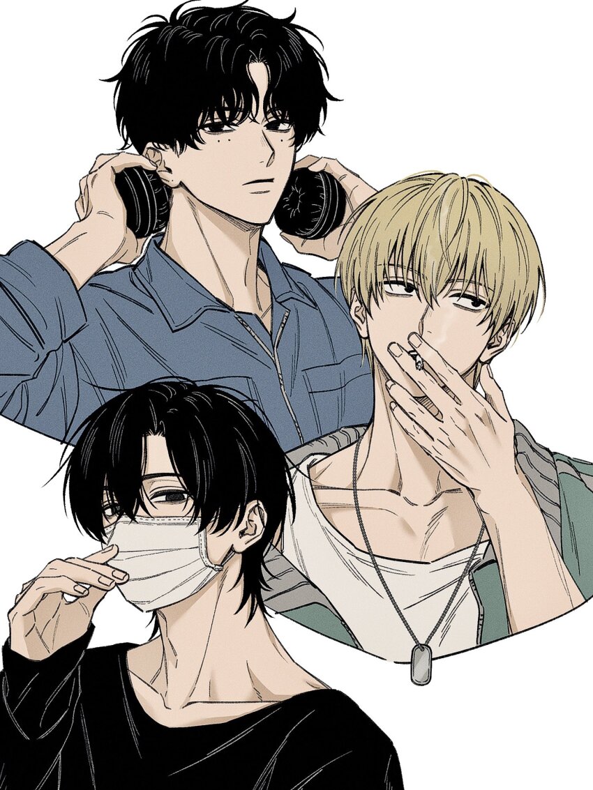 3boys adam&#039;s_apple black_eyes black_hair black_shirt blonde_hair blue_shirt cigarette collarbone commentary covered_mouth empty_eyes expressionless fingernails green_jacket hand_mouth hand_up hands_up head_tilt headphones highres holding holding_cigarette holding_headphones jacket jewelry kuroiisana long_sleeves looking_at_viewer male_focus mask mole mole_under_eye mouth_mask multiple_boys multiple_moles necklace parted_bangs pectoral_cleavage pectorals portrait sakamoto_days seba_mafuyu seba_natsuki shin_(sakamoto_days) shirt short_hair sideways_glance simple_background sleeves_past_wrists smoking straight_hair swept_bangs wavy_hair white_background white_shirt