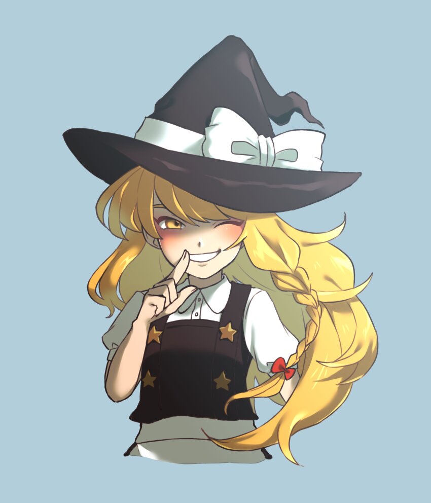 1girl absurdres apron black_hat black_vest blonde_hair blue_background blush bow braid commentary_request cookie_(touhou) cowboy_shot cropped_legs finger_to_mouth fingernails flat_chest grin hair_bow hat hat_bow highres kirisame_marisa long_hair looking_at_viewer one_eye_closed puffy_short_sleeves puffy_sleeves red_bow s_(esumi_kihomaru) shaded_face shirt short_sleeves simple_background single_braid smile solo suzu_(cookie) touhou unusually_open_eyes vest waist_apron white_apron white_bow white_shirt witch_hat yellow_eyes