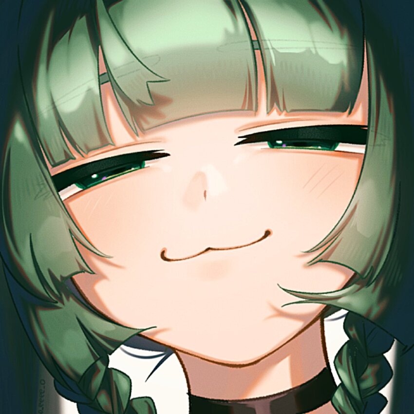 1girl :3 android artist_name blunt_bangs braid green_eyes green_hair half-closed_eyes highres light_blush looking_at_viewer o_eeee_o portrait qingyi_(zenless_zone_zero) side_braids sidelocks smile solo zenless_zone_zero